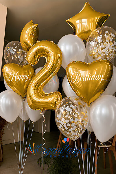 Organizasyon Pazarı Gold Rakam 2 Yaş Balon Seti Gold Kalp Yıldız Konfeti | Ha...