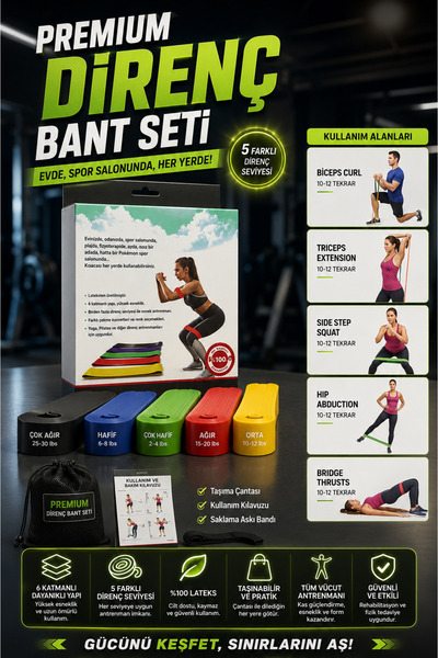 indirimsevinci Direnç Bant Seti 5'li Pilates, Fitness, Squat, Kas Geliştirme ...