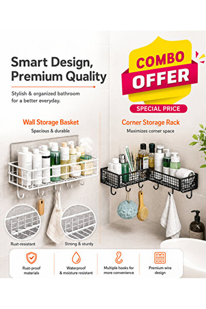 TSUMAB 2PCS Combo Bathroom Organizer Set Adhesive Shower Caddy & Corner Stora...