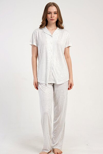KEZOKİNO Women's Front Buttoned Short Sleeve Gray Pajama Set Relaxed Cut Summ...