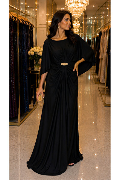 FOR COSTUME فستان سهرة طويل بأكمام خفاشية ومشبك حجري 0846