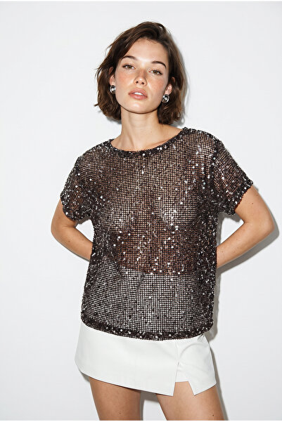 Bianco Lucci Women's Sequin Detailed Mesh Blouse 4248 60286308