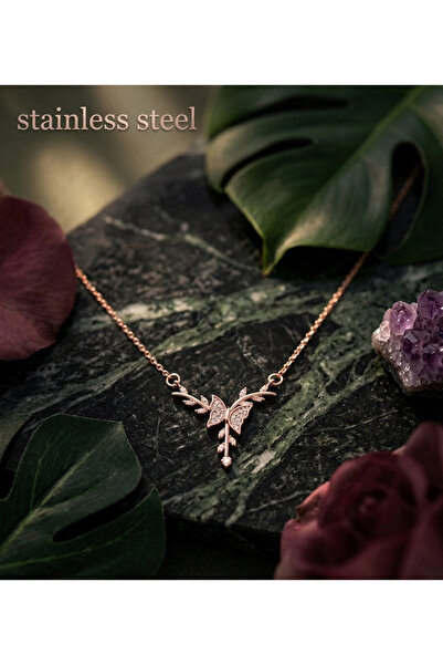 stainless steell Zircon Stone Butterfly Design Rose-Gold Tarnish-Resistant Co...
