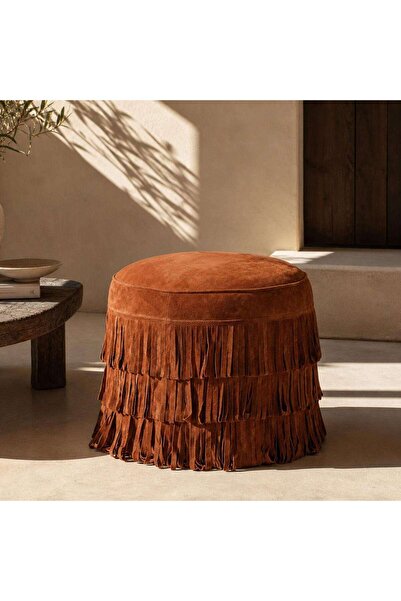 PAN HOME Phoenix Leather Pouf With Fringes 50x50x40cm - Terra