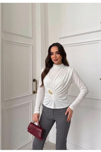 ELAY Fashion Women's White Blouse with Gold Accessories and Gathered Detail, ...