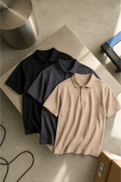 COMBİNE MİCHAİL Men's Short Sleeve 3-Piece Loose Polo Collar T-Shirt