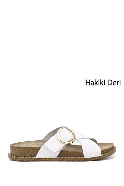 GÖNDERİ(R) Women's White Cross-Strapped Genuine Leather Slippers