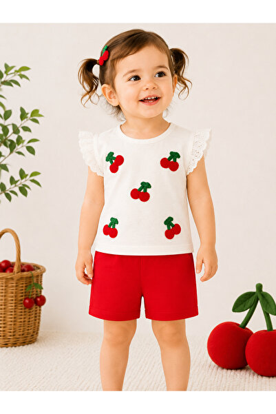 nikuby 100% Cotton Girls' Cherry Shorts Set White Red Summer Set
