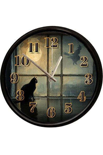 Caseras Black Cat Themed Decorative Wall Clock in Moonlight 28 cm Silent Mech...