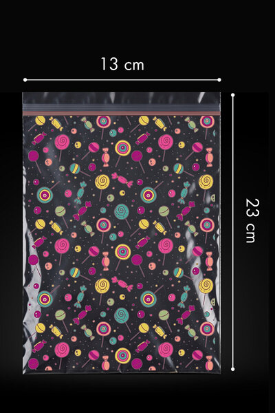 Bimotif 10lu Bantlı ve Desenli Şeker, Draje Poşeti, Şeffaf OPP Poşet, 13x23cm (Parti ve Bayram Poşeti)