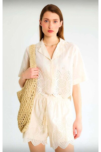 HOPEFUL DESİGN Hopeful Desing Women's Scallop Embroidered Shirt Shorts Set