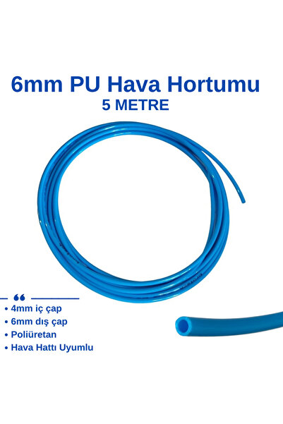 BROTECH 6mm PU Hava Hortumu 5 Metre - Poliüretan Pnömatik Hortum 6x4mm Mavi K...