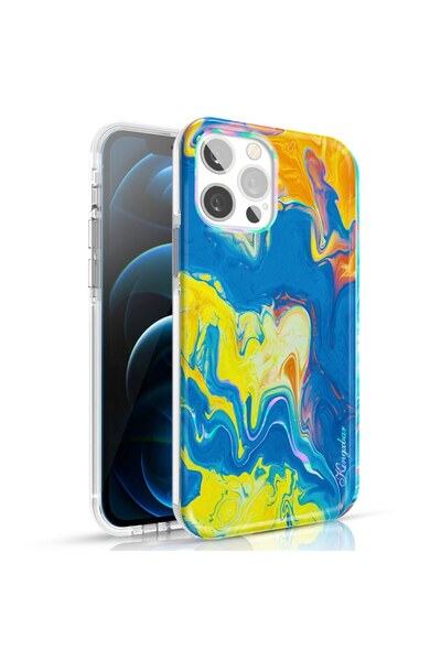 Kingxbar Carcasă din seria Watercolor pentru iPhone 12 Pro Max, Albastru, Galben