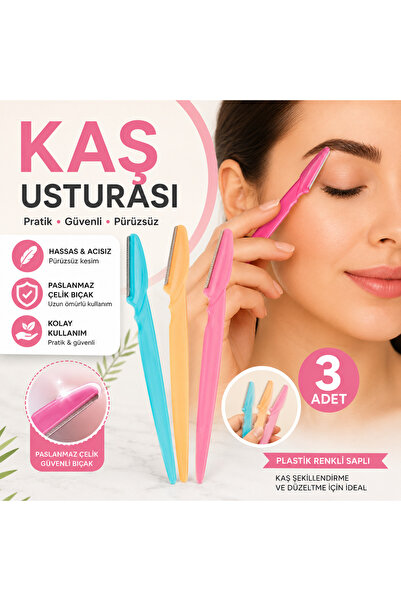 EVİMİST 3'lü Kaş Usturası Seti – Plastik Renkli Saplı Güvenli Kaş Şekillendir...