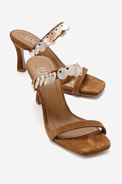 LuviShoes Arund Tan Suede Genuine Leather Women's Thin Heeled Slippers with S...