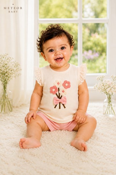 METEOR BABY Baby Girl Set Kids - Floral Embroidered Ruffle Sleeves - Summer Shorts Set