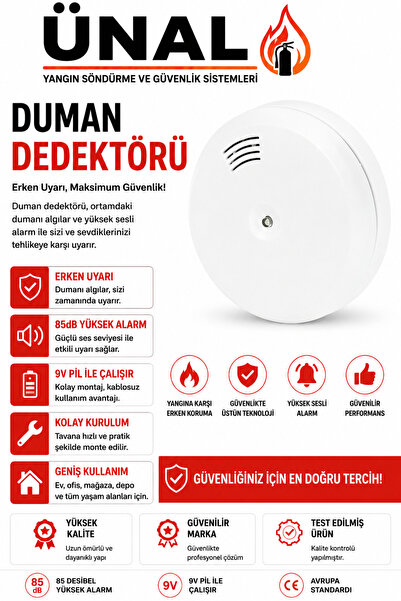 ünalgrup Duman Dedektörü Yangın Alarm Sensörü Ev Ofis İş Yeri Araç Garaj