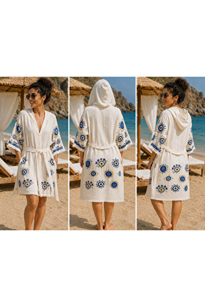 Store Nazar Boncuklu Kapüşonlu Müslin Kimono – %100 Pamuk Plaj, Spa ve Hamam ...