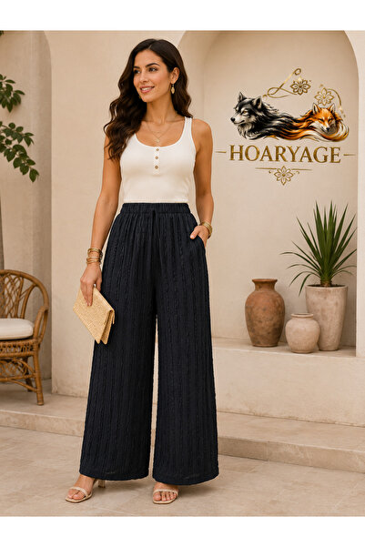 hoaryage Women's Black Elastic Waist, High Waist, Loose Cut, Wide Leg Trouser...