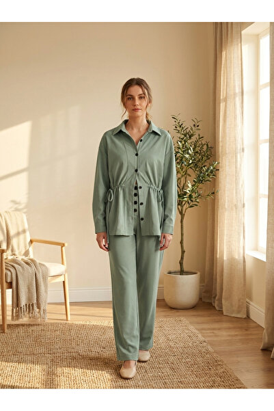 Finelook Women's 2-Piece Adjustable Drawstring Button-Down Shirt & Wide-Leg P...