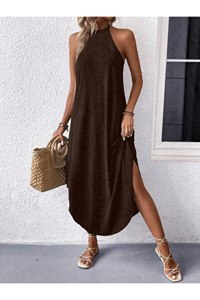 Take Two By Styli Brown Sleeveless Curved Hem Maxi Dress