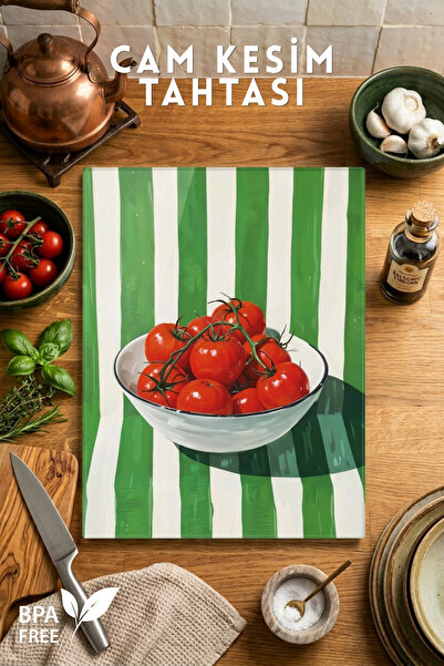 Nandy Home Domates Desenli Cam Kesim Tahtası - 25x35cm -Dayanıklı ve Pratik K...