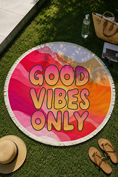 milroma منشفة شاطئ مستديرة باللون البرتقالي والوردي مكتوب عليها Good Vibes On...