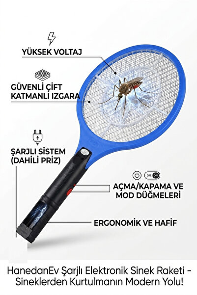 Hanedanev Şarjlı Sinek Raketi Elektronik Sivrisinek Ve Karasinek Öldürücü Rak...