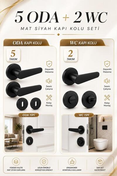 NZB Mat Siyah Rozetli Kapı Kolu Seti (7 TAKIM) 5 ODA + 2 WC) Modern Şık Kapı ...