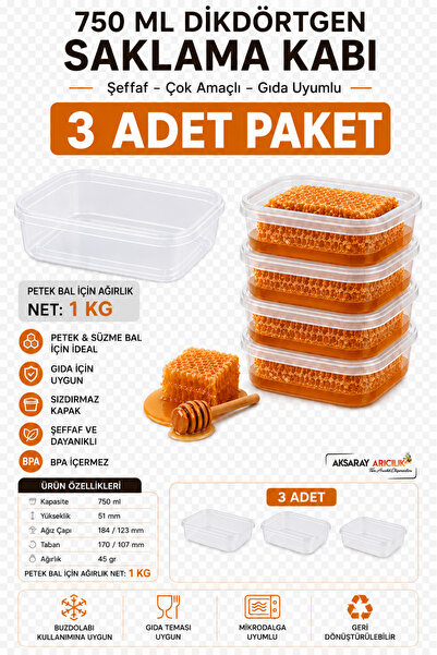 Aksaray Arıcılık Bal Saklama Kapı Dikdörtgen - 750 ml (Petek Bal için 1 Kg)