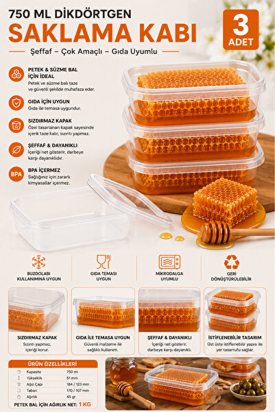Aksaray Arıcılık Bal Saklama Kapı Dikdörtgen - 750 ml (Petek Bal için 1 Kg)