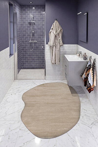 Cool Halı Puffy Bej Amorf Banyo Halısı Asimetrik Tasarım Kalın Peluş Yumuşak ...