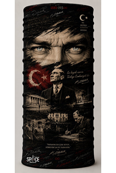 Siyah Kırmızı Atatürk Temalı Özel Tasarım Tarihi ve İmzalı Bandana Buff