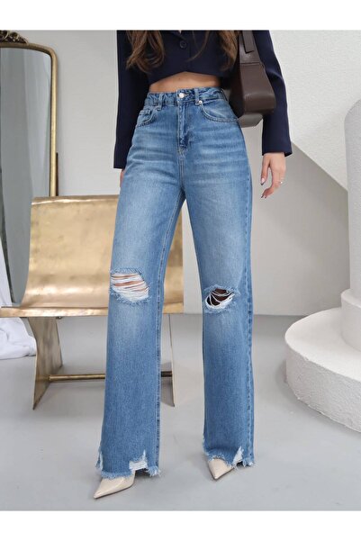 Vooz Women's High Waist Wide Leg Knee Ripped Detailed Tassel Hem Blue Jean Tr...