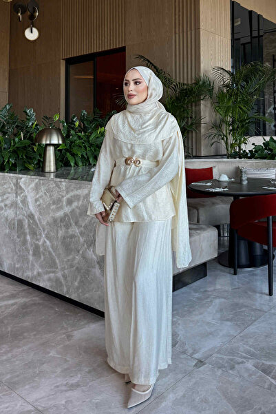 İmajButik طقم تونيك بتفاصيل شال على ياقة اللون الإكرو مع بنطلون