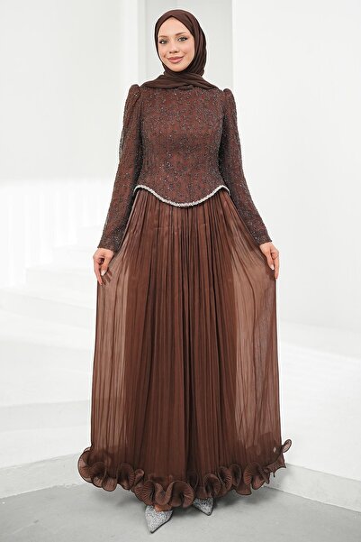 İmajButik Brown Sequined Top and Ruffled Skirt Evening Dress