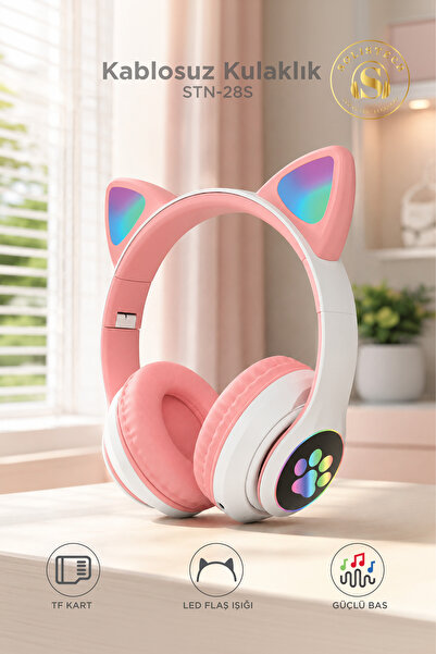 Solistech Kablosuz Bluetooth Led Işıklı Çocuk Kedi Kulaklık Şık Mikrofonlu Ha...