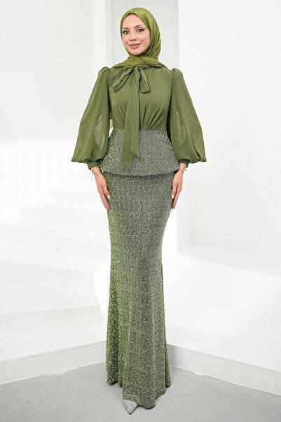 İmajButik Green Beaded Embroidered Skirt Evening Dress Set