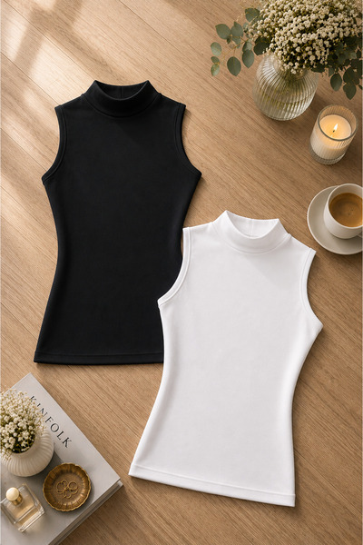 ROZELT Women's Black & White Modal Cotton Lycra Sleeveless Half Turtleneck 2-...
