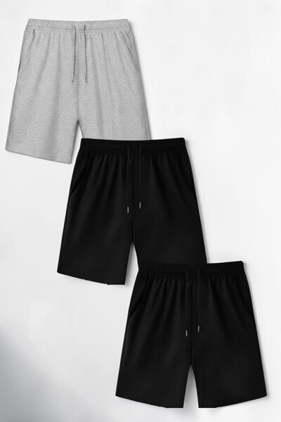 Trendy Merry Store 3'lü Siyah Gri Kız Erkek Yazlık Şort