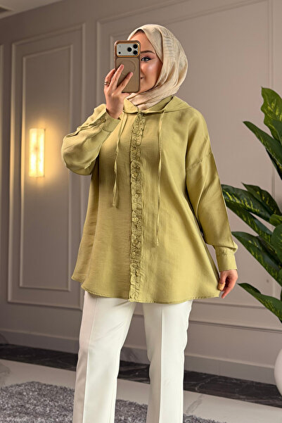 Suede Style 6536- Şık Rahat Fırfır Detaylı Yumuşak Dokuma Kumaş Kadın Kapüşon...