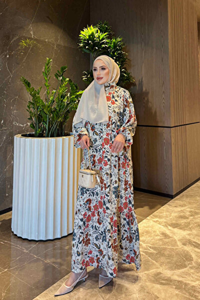 İmajButik فستان من الفيسكون بنصف أكمام مطاطية وتصميم منقوش بلون كريمي/رمادي