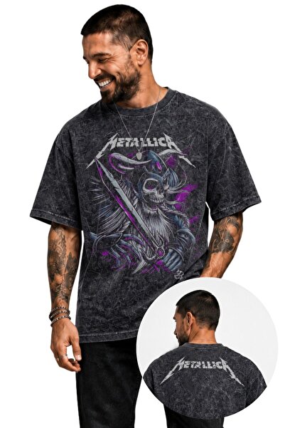 Fuddy Moda Tricou unisex oversize cu efect violet, cu imprimeu Metallica pe s...