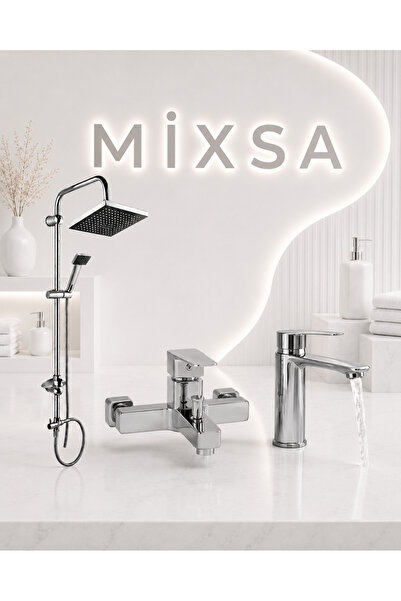 MİXSA Krom Robot Duş Seti Kare Banyo Bataryası Sabit Lavabo Bataryası 3'lü Se...
