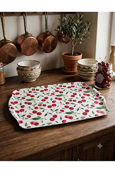 BiDünya Melamin Yüzeyi Kaydırmaz Desenli Servis Tepsi 40x30 cm