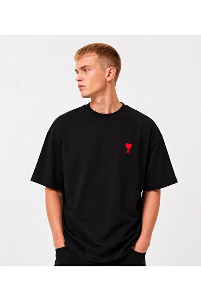 HZR wear Men's Heart Detailed Back Printed Oversize Thick Soft Fabric T-Shirt