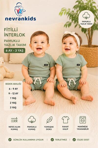 nevrankids Fitilli İnterlok Pamuklu Yazlık Bebek Takımı Şortlu Unısex İkili T...