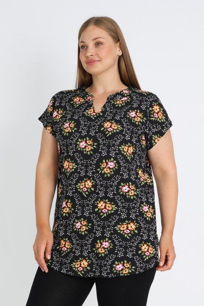İntensive Navy Blue Short Sleeve Patterned Short Sleeve V Neck Cotton Plus Size Blouse