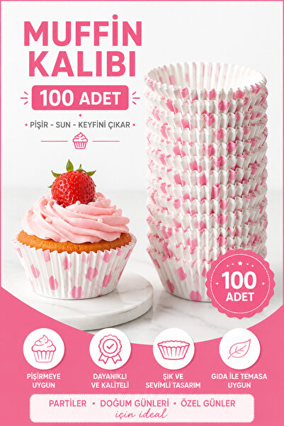 KEA 100 Adet Muffin Kalıbı Kağıdı Pembe Desenli Cupcake Kek Kalıbı Fırın Pişi...