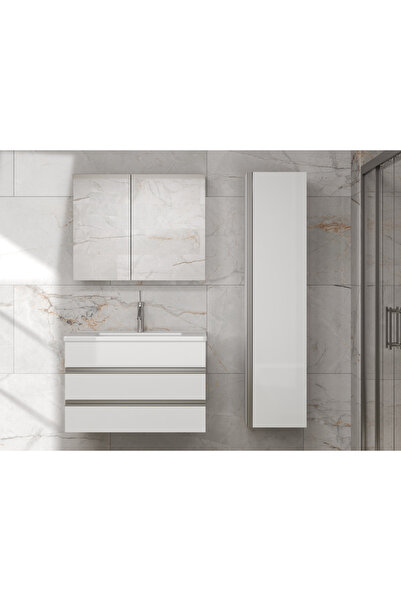 Alfa Banyo Elit MDF 80+35 Cm %100 Mdf Seramik Lavabolu Banyo Dolabı Aynalı Do...